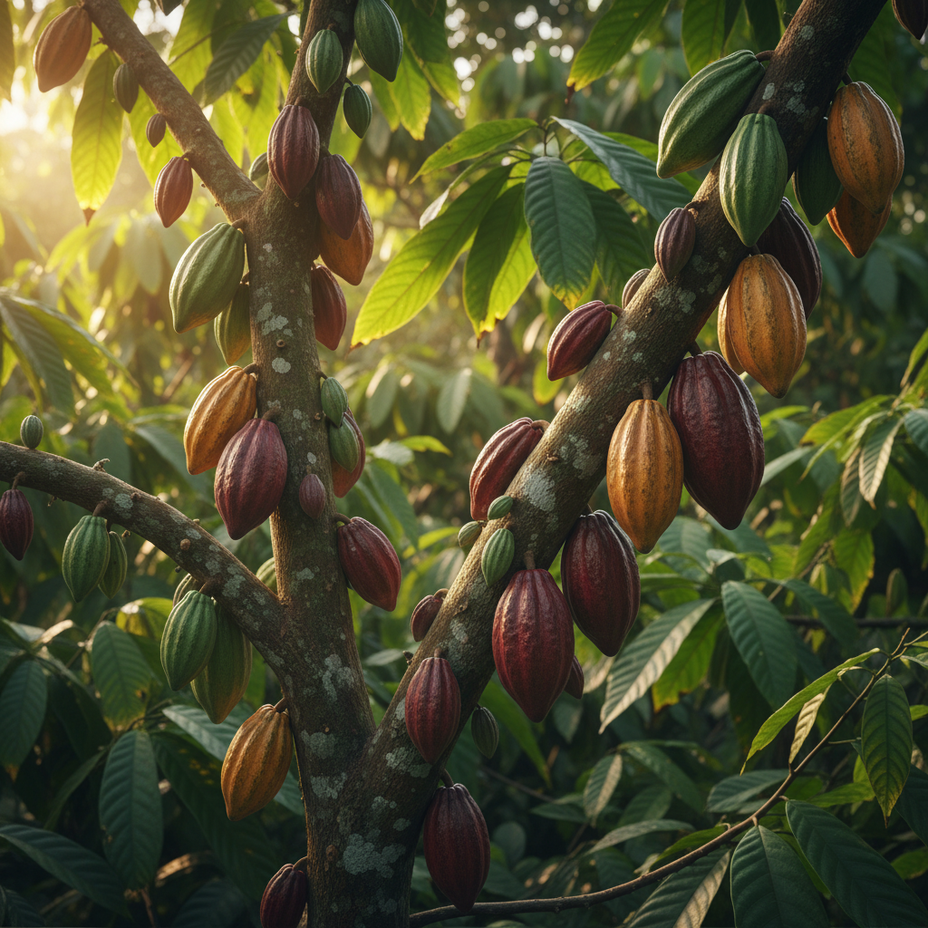 Árbol de cacao con frutos